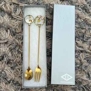 Gold Enamel Fork and Spoon Set With Cute Dangling Charms Hand Crafted